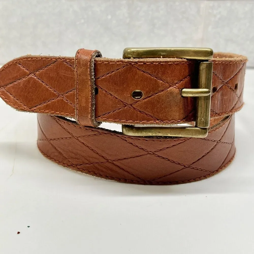 Vtg Tan Brown Leather Belt Mens Womens Size 32 S Quilted Brass Distressed Taiwan